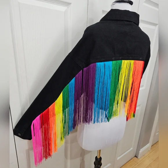 Dolls Kill Club Exx Rainbow Fringe Feel This Moment Black Denim Jacket Coat - Picture 8 of 9